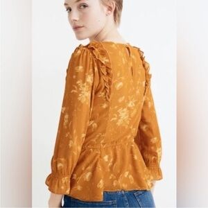 Madewell | Women’s Rust/Mustard Floral Ruffle Peplum Gathered Waist Blouse, Sz M